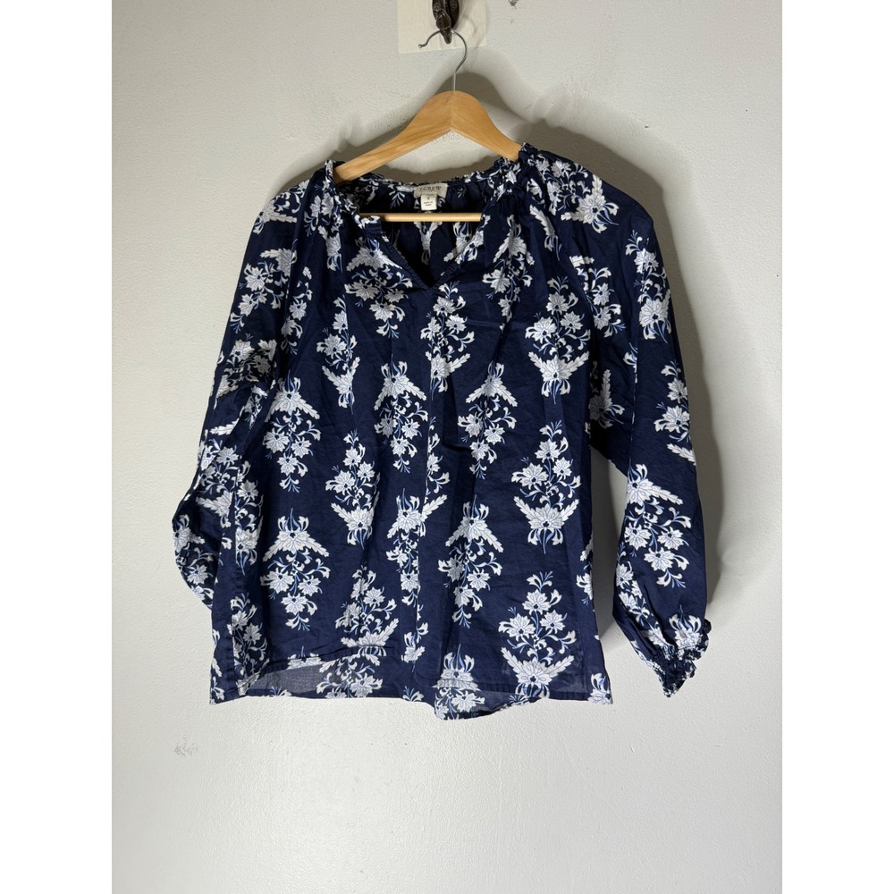 J crew factory navy White Floral Damask Cotton Peasant Blouse Small Long Sleeve